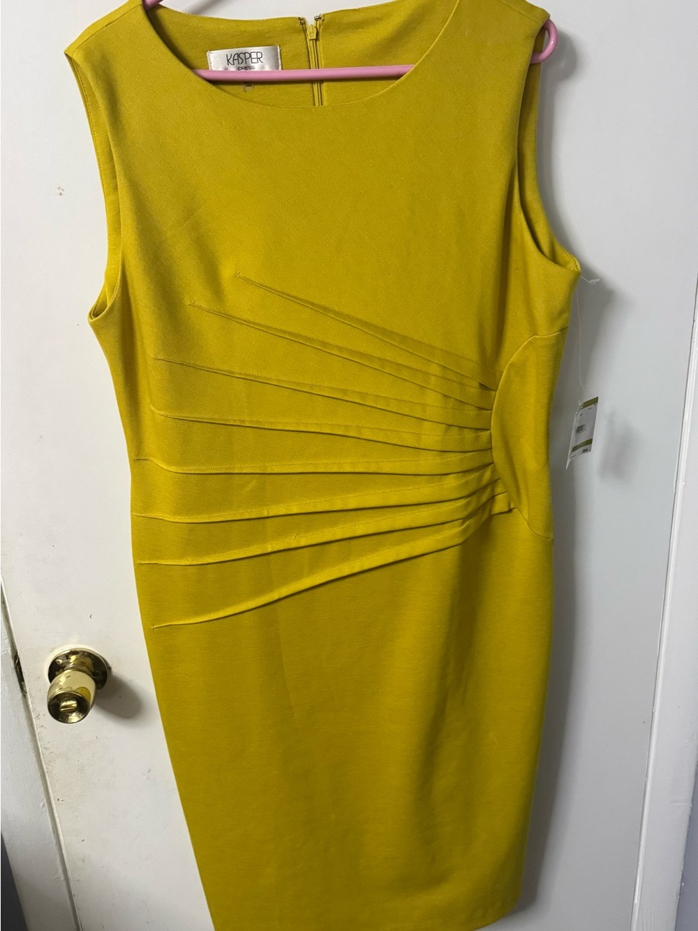 Kasper Sleeveless Pleated Sheath Dress in Mustard Yellow